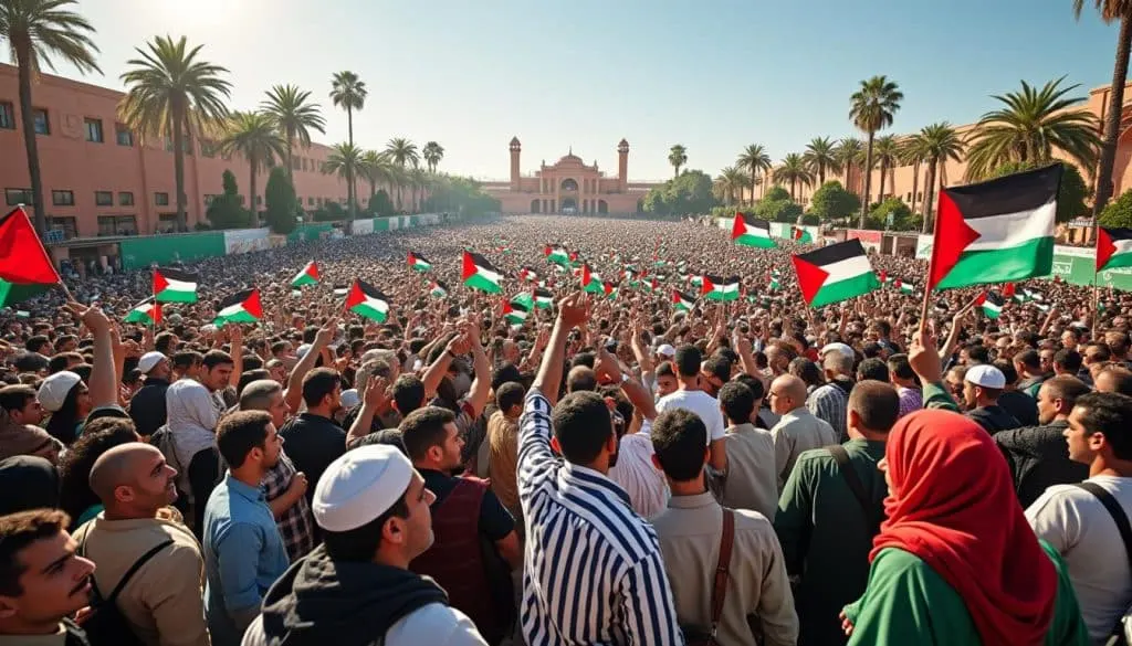 des milliers de marocains unis dans une mobilisation massive pour soutenir et exprimer leur solidarité avec le peuple palestinien.