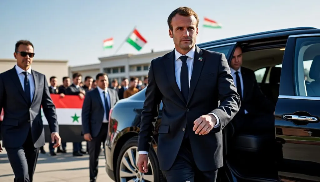 emmanuel macron réalise une visite historique en syrie, la première d'un chef d'état européen en vingt ans, marquant un tournant diplomatique majeur.