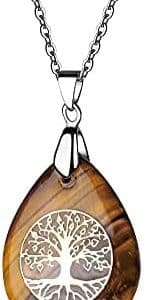 pentacle de protection: collier thajaling en Œil de tigre avec pendentif cristal & arbre de vie, chaîne en acier inoxydable