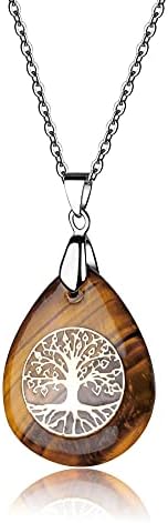 pentacle de protection: collier thajaling en Œil de tigre avec pendentif cristal & arbre de vie, chaîne en acier inoxydable
