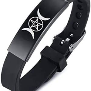 pentacle triple déesse lune: bracelet réglable unisex en acier et silicone