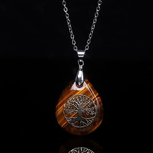 pentacle de protection: collier thajaling en Œil de tigre avec pendentif cristal & arbre de vie, chaîne en acier inoxydable