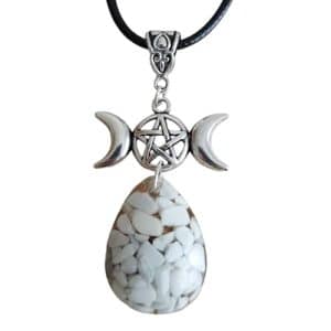 pendentif protection wicca: triple déesse, lune, pentacle bijou orgonite howlite pour femme/homme