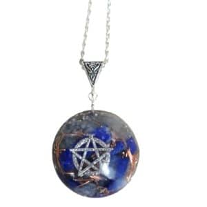 pendentif pentacle de protection orgonite bijou wicca en lapis lazuli, aigue marine et quartz clair pour hommes et femmes