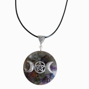 pentacle de protection wicca en labradorite, améthyste & lapis lazuli pendentif triple déesse lune pour hommes et femmes