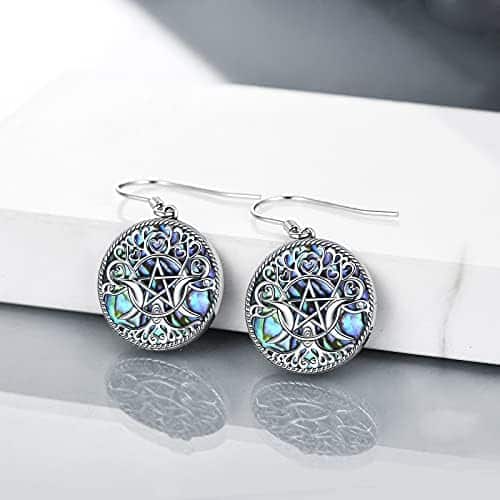 pentacle de protection en argent sterling : boucles d'oreilles déesse triple lune, talisman magique wiccan, bijoux arbre de vie pour femmes et hommes