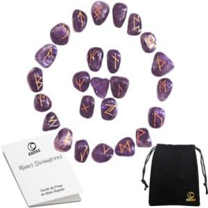 set de 25 runes viking divinatoires en améthyste idéal pour voyance et magie, fournies avec sac