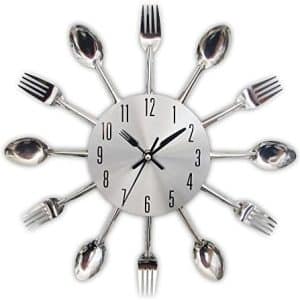 pendule métallique argentée 3d 32cm pour cuisine décorative avec miroir, cuillère et fourchette