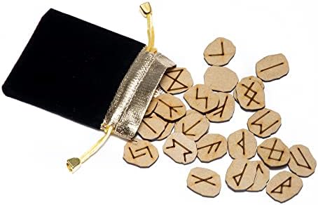 runes divinatoires wiccstar en bois naturel ensemble de 25 avec sac, mise en page et parchemin d'interprétation