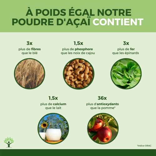 superaliment açaï bio, riche en fer/omega 9/fibres, antioxydant puissant, 50g sans sucre ajouté, certifié ecocert