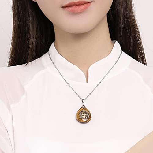 pentacle de protection: collier thajaling en Œil de tigre avec pendentif cristal & arbre de vie, chaîne en acier inoxydable