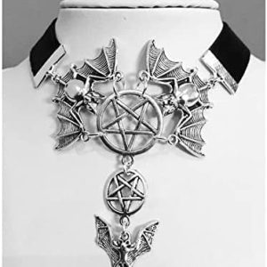 collier pentacle protection femme pendentif chauve souris inversé et velours noir bijou cadeau idéal