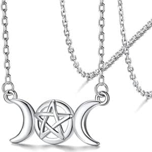pentacle de protection en argent 925 collier triple lune, etoile/marteau de thor/loup/pierre de lune cadeau spécial fête des mères