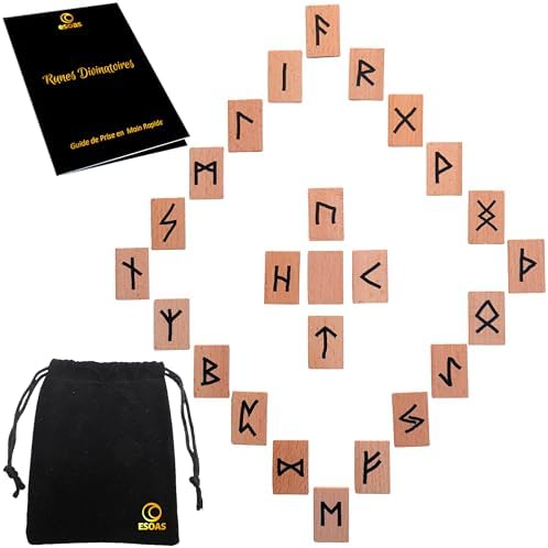 set viking de runes divinatoires en bois de hêtre x25 avec sac futhark pour voyance et magie nordique