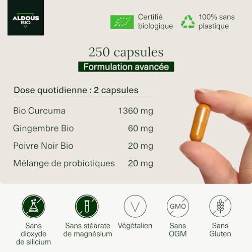 probiotiques naturels + curcuma bio en gélules: anti inflammatoire puissant avec gingembre et poivre noir 1460mg | formule avancée | certifié bio