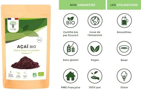 superaliment açaï bio, riche en fer/omega 9/fibres, antioxydant puissant, 50g sans sucre ajouté, certifié ecocert