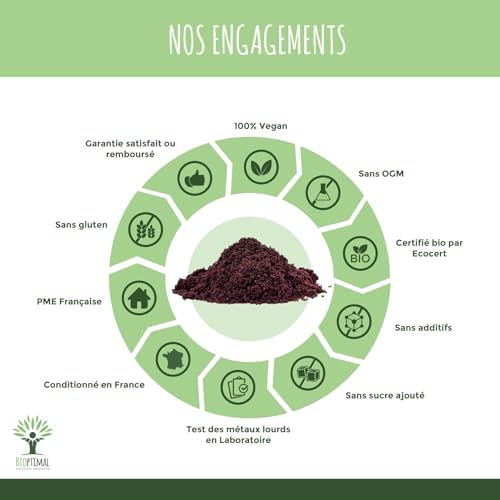 superaliment açaï bio, riche en fer/omega 9/fibres, antioxydant puissant, 50g sans sucre ajouté, certifié ecocert