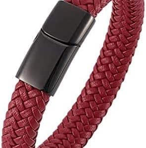 bracelet homme luxe en cuir noir tressé avec acier inoxydable idée cadeau, look classique