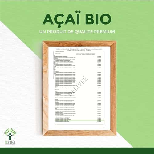 superaliment açaï bio, riche en fer/omega 9/fibres, antioxydant puissant, 50g sans sucre ajouté, certifié ecocert