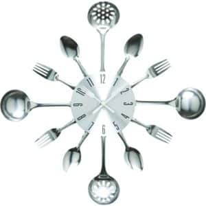 pendule métallique 3d argent: horloge de cuisine design avec effet miroir et décor fourchette cuillère, autocollant amovible