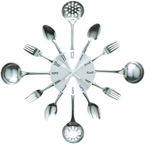 pendule métallique 3d argent: horloge de cuisine design avec effet miroir et décor fourchette cuillère, autocollant amovible