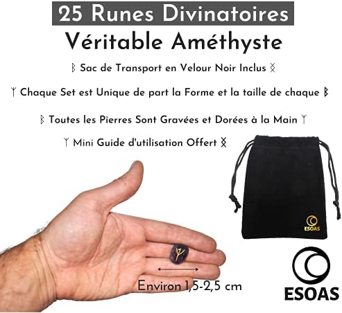 set de 25 runes viking divinatoires en améthyste idéal pour voyance et magie, fournies avec sac