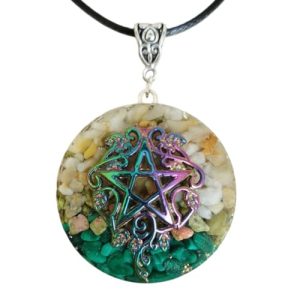 pentacle de protection wiccan en orgonite collier Énergétique unisexe en malachite, aventurine jaune, et unakite