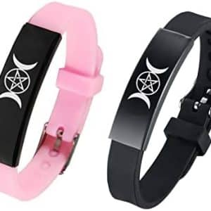 bracelet pentacle de protection triple déesse lune en acier inoxydable et silicone unisexe et réglable