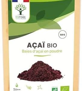 superaliment açaï bio, riche en fer/omega 9/fibres, antioxydant puissant, 50g sans sucre ajouté, certifié ecocert