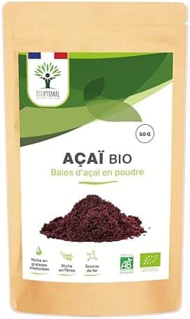 superaliment açaï bio, riche en fer/omega 9/fibres, antioxydant puissant, 50g sans sucre ajouté, certifié ecocert