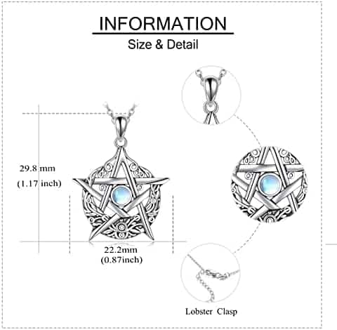pentacle protecteur en argent sterling et pierre de lune, collier wicca unique pour femmes urone