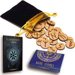 runes divinatoires en bois naturel set de 25 avec parchemin d'instructions et sac de rangement