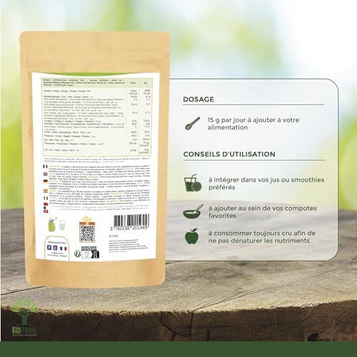 superaliment açaï bio, riche en fer/omega 9/fibres, antioxydant puissant, 50g sans sucre ajouté, certifié ecocert