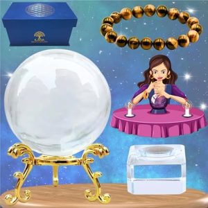 coffret voyance premium : boule de cristal 100mm, pied doré & verre, bracelet oeil de tigre + guide gratuit