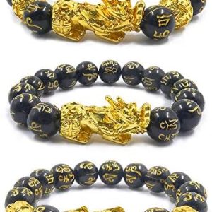 bracelet de protection et richesse feng shui pixiu en obsidienne noire (lot de 3)
