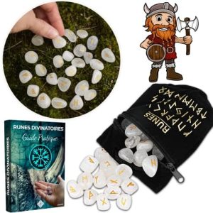 rune divinatoire viking en quartz blanc cristal de roche pack majestueux + sac noir + ebook