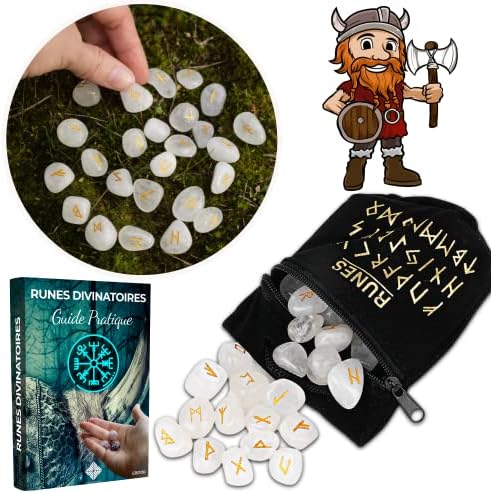 rune divinatoire viking en quartz blanc cristal de roche pack majestueux + sac noir + ebook