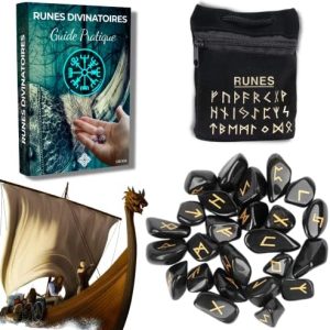 pack viking divinatoire : 25 runes obsidienne noire gravées + sac + ebook idéal voyance & divination