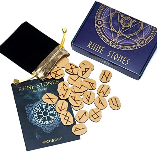 runes divinatoires wiccstar en bois naturel ensemble de 25 avec sac, mise en page et parchemin d'interprétation