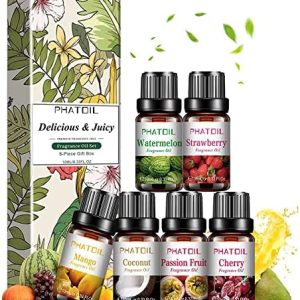 ensemble huiles essentielles fruitées 6x10ml phatoil aromathérapie pour diffuseur et humidificateurs: mangue, fruit de la passion, fraise, pastèque, cerise, noix de coco