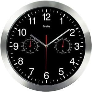 pendule métallique quartz horloge murale silencieuse avec thermomètre et hygromètre pour salon/cuisine/bureau, noir