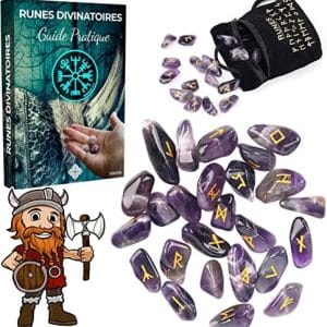 runes divinatoires améthyste naturelle pack viking avec ebook et sac noir parfait pour voyance et divination