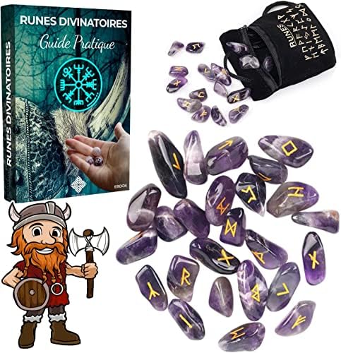 runes divinatoires améthyste naturelle pack viking avec ebook et sac noir parfait pour voyance et divination
