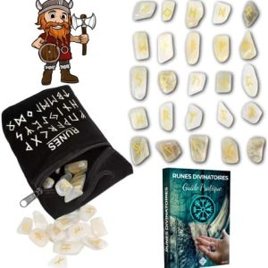 runes viking divinatoires en pierre de lune naturelle de majestic pack prêt à utiliser avec sac noir & ebook (pdf)