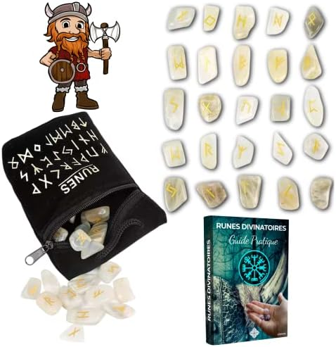 runes viking divinatoires en pierre de lune naturelle de majestic pack prêt à utiliser avec sac noir & ebook (pdf)