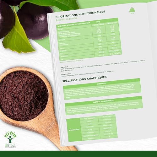 superaliment açaï bio, riche en fer/omega 9/fibres, antioxydant puissant, 50g sans sucre ajouté, certifié ecocert