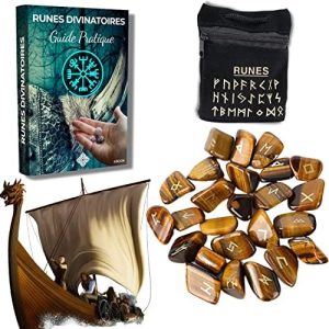 rune divinatoire viking en oeil de tigre naturel pack premium avec sac noir et ebook (pdf) inclus