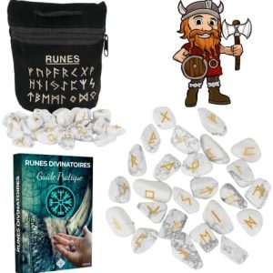 rune divinatoire viking en howlite naturelle : pack prémium 25 pièces avec sac noir et ebook gratuit