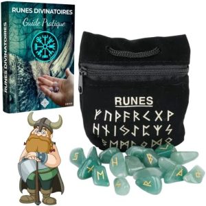pack divinatoire viking: set de 25 runes d'aventurine verte gravées avec ebook et sac noir