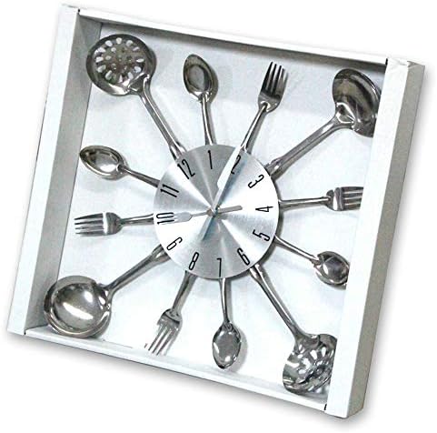 pendule métallique 3d argent: horloge de cuisine design avec effet miroir et décor fourchette cuillère, autocollant amovible
